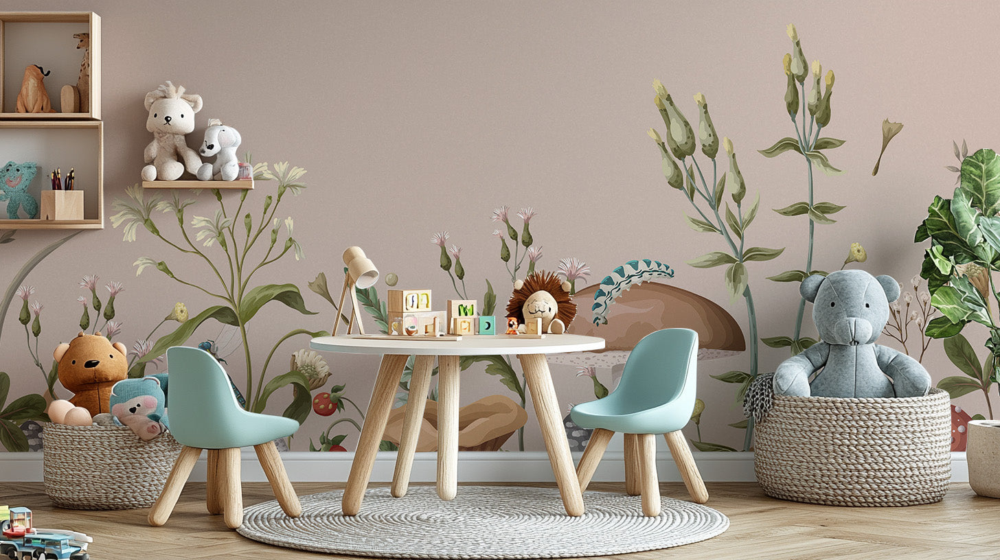 Premium Mushroom Garden Wall Mural in a classroom with blue chairs and a plush elephant for a calming room environment.