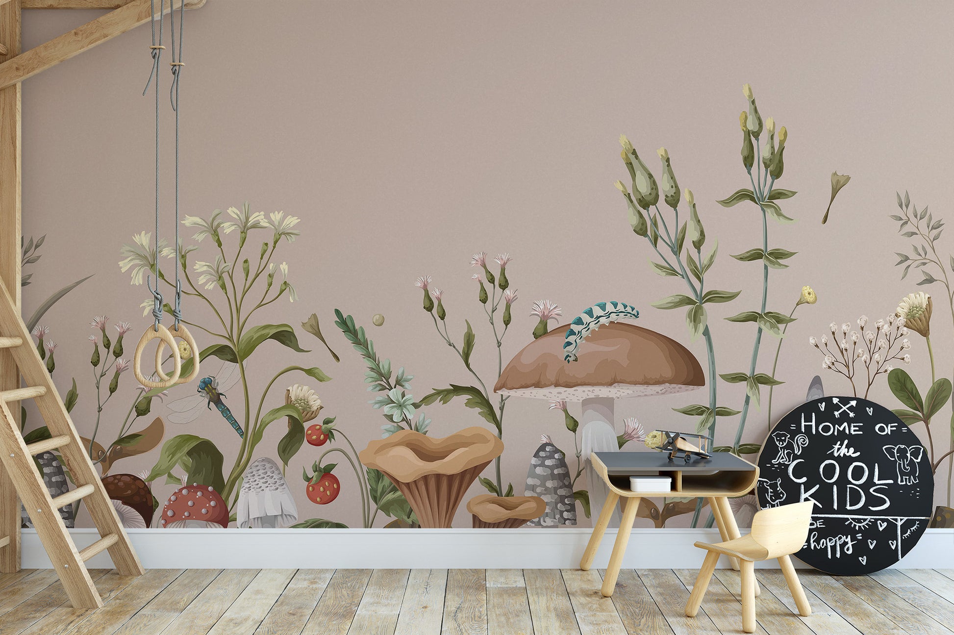 Play area featuring Mushroom Garden Wall Mural on canvas with a swing and blue chairs to inspire a creative room.