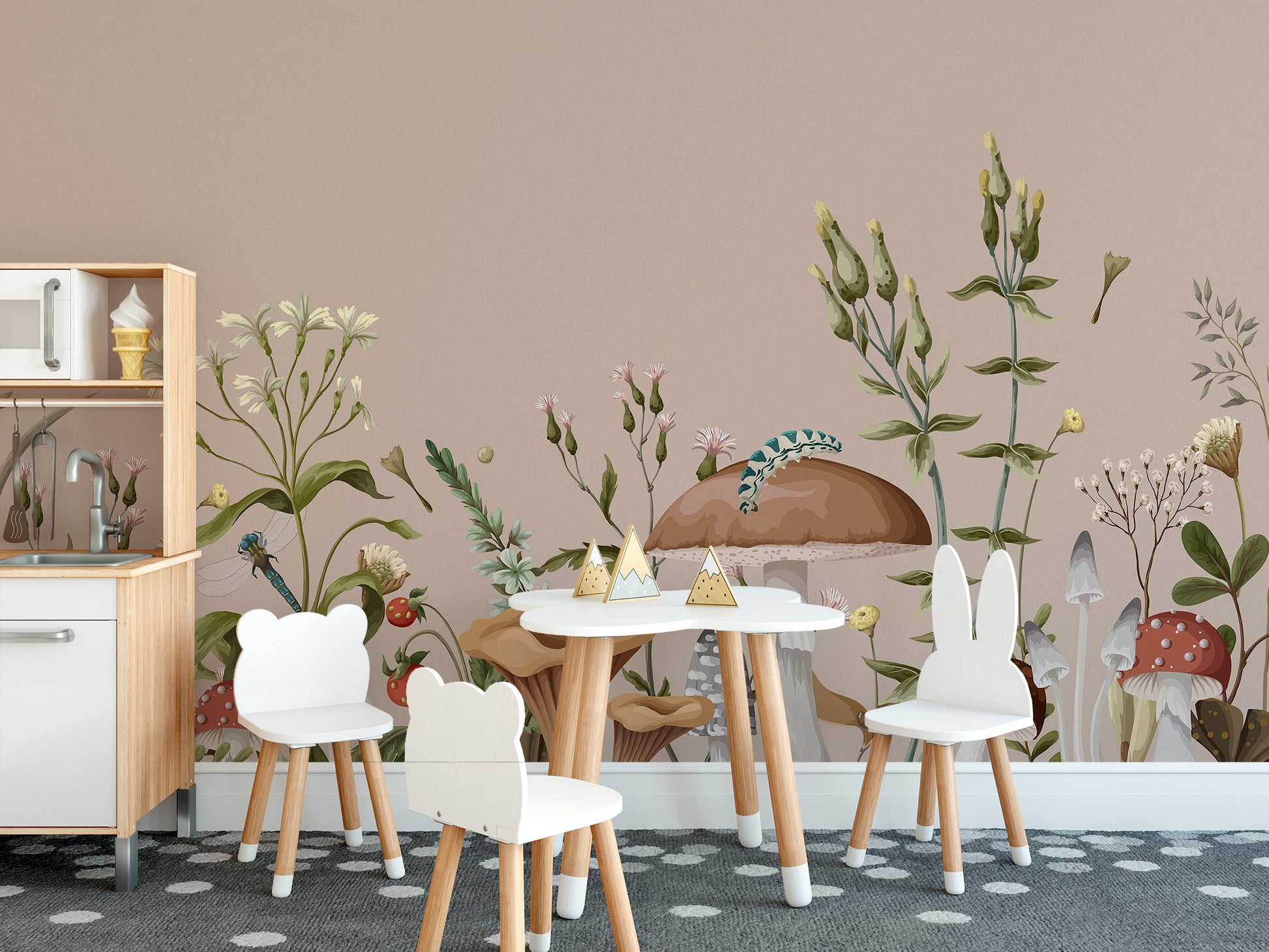 Mushroom Garden Wall Mural in a playroom with bunny chairs using peel and stick material for a whimsical room update.
