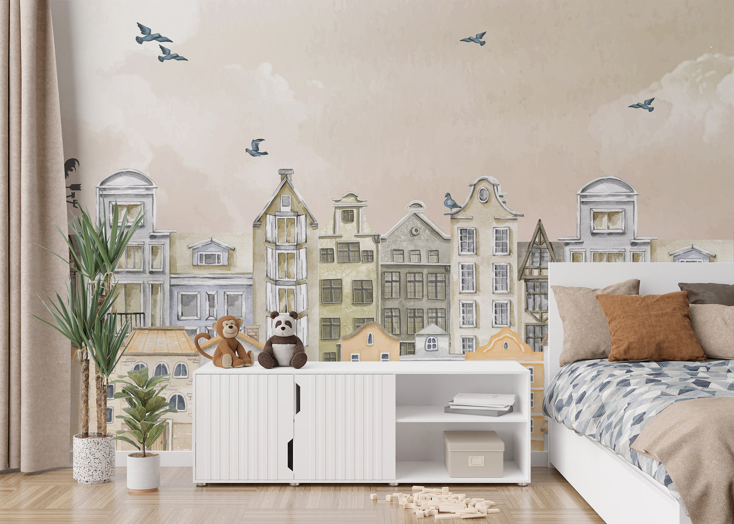Subtle cityscape mural for kids' space
