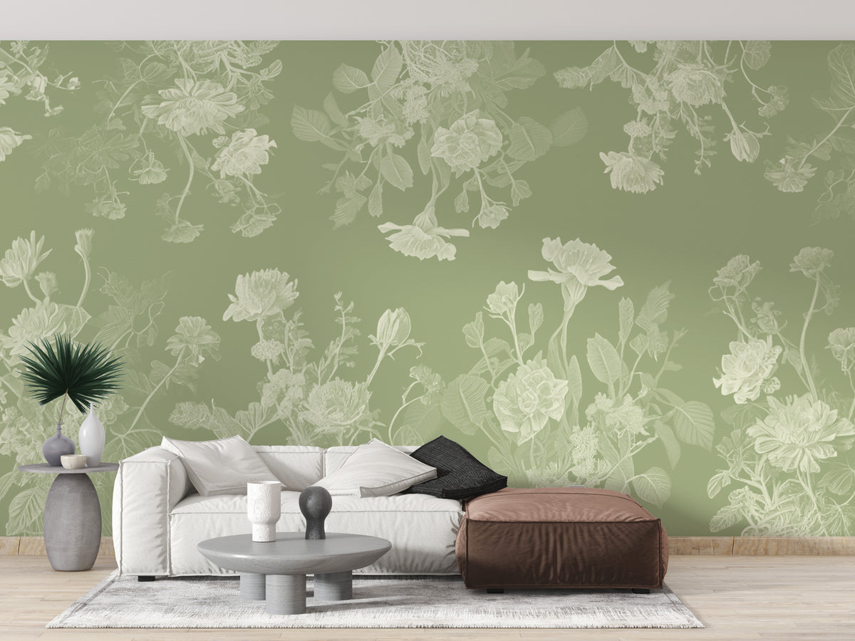 Green Floral wallpaper mural in sage green behind a wood kitchen counter with copper faucet and gas cooktop
