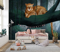 Artistic jungle wallpaper featuring a resting leopard