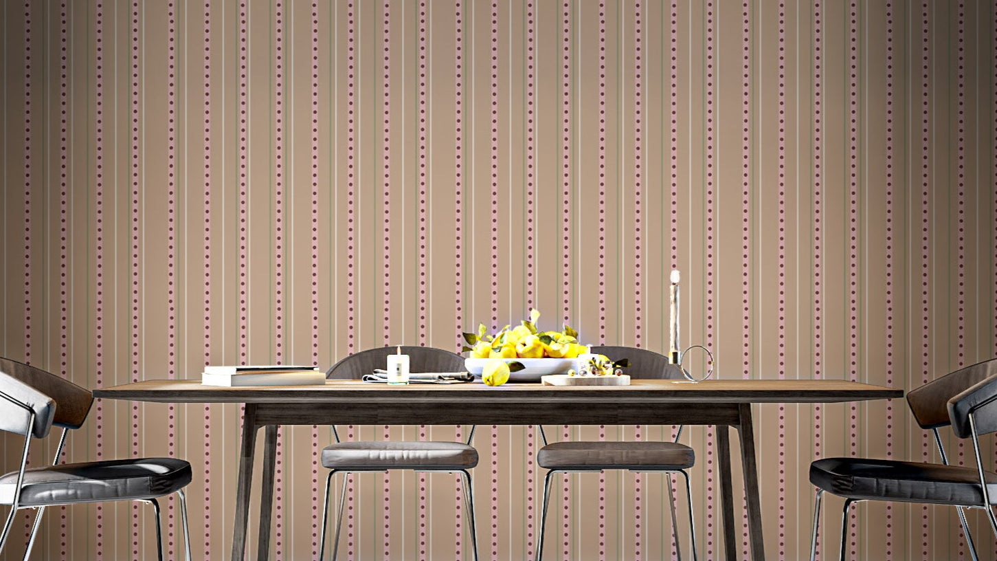 Tan Tickle Streaks wallpaper with vertical dotted stripes behind a wooden dining table and dark chairs