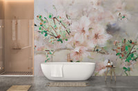 Soft sakura flower mural in watercolor tones
