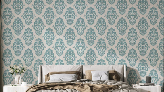 White and Blue Damask Pattern wallpaper shown as a full feature wall that highlights the design