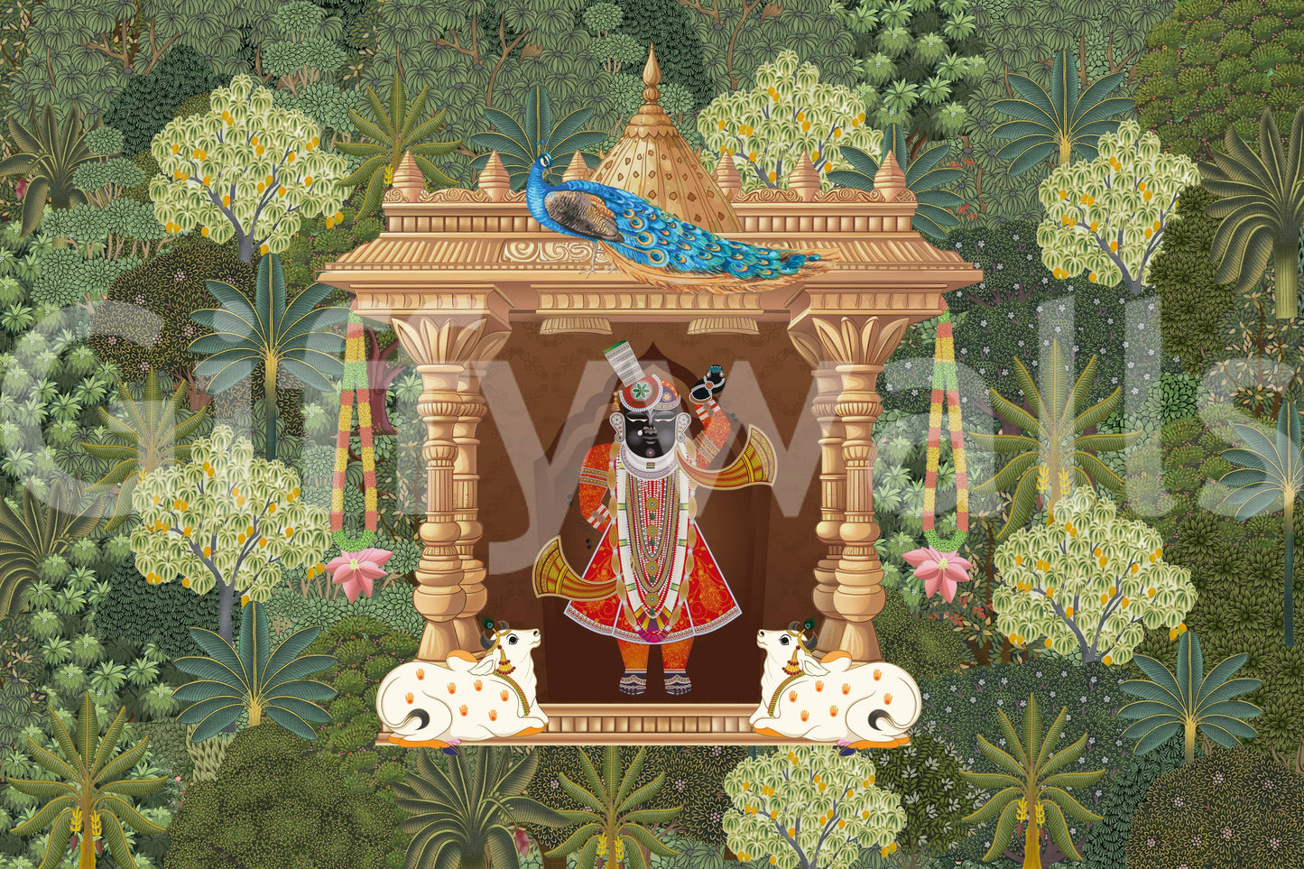 Indian heritage wall mural featuring Shrinathji and symbolic elements