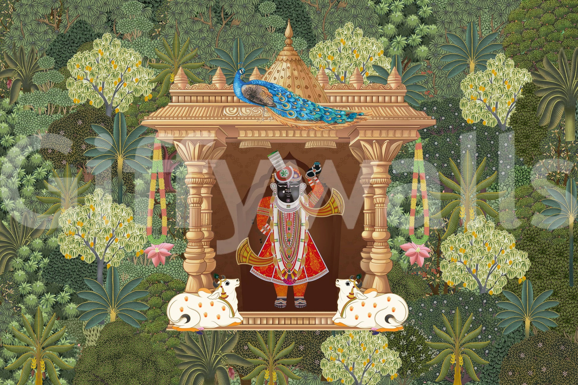 Indian heritage wall mural featuring Shrinathji and symbolic elements