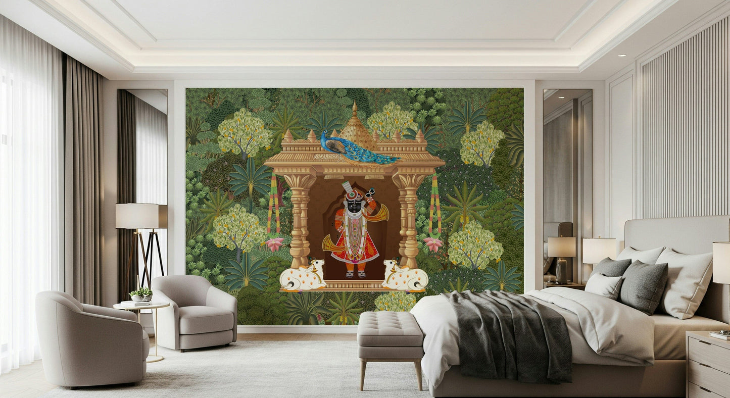 Detailed sanctuary mural depicting Shrinathji within ornate temple architecture