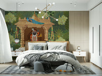 Hand-painted style Shrinathji sanctuary mural with floral and forest motifs