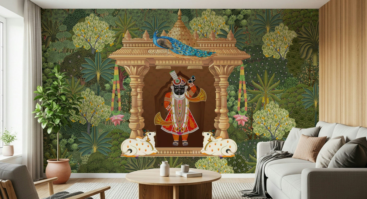 Indian devotional wall mural of Shrinathji with peacock and botanical details
