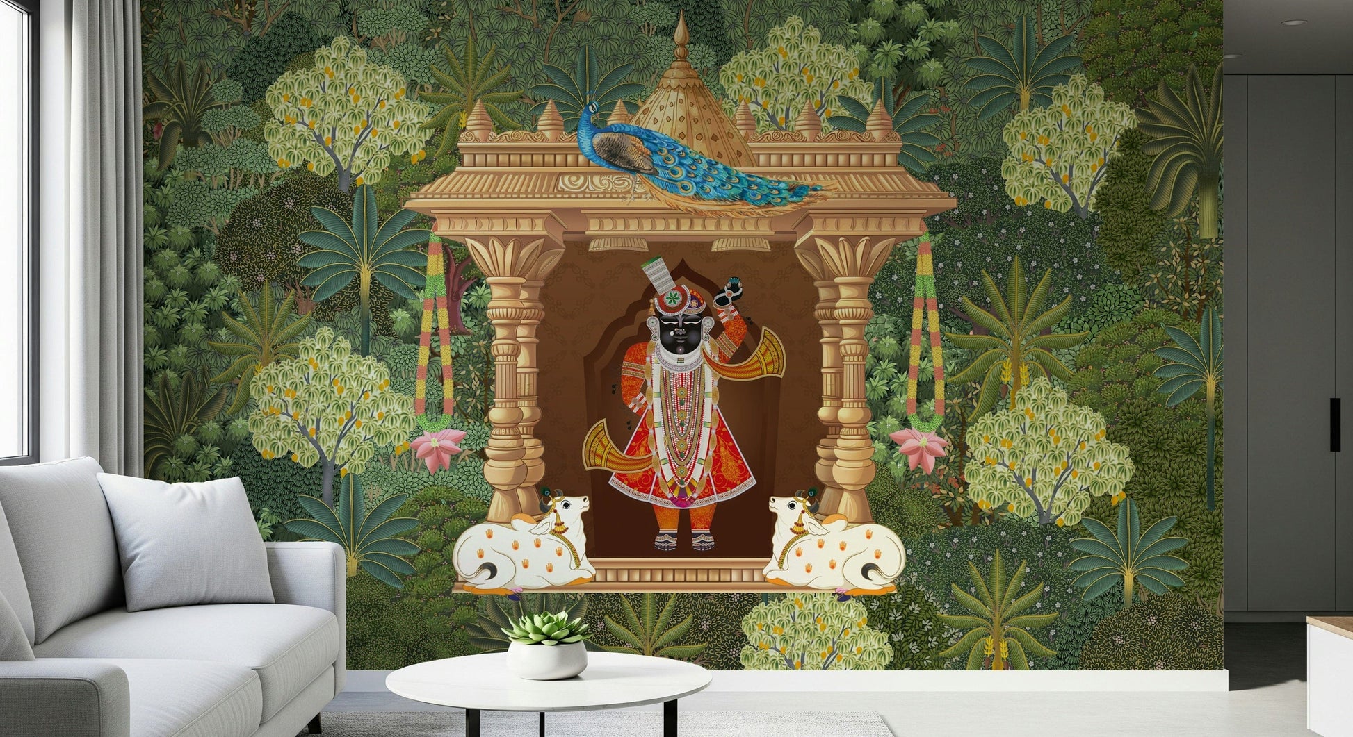 Traditional Shrinathji mural art featuring deity in temple setting with cows