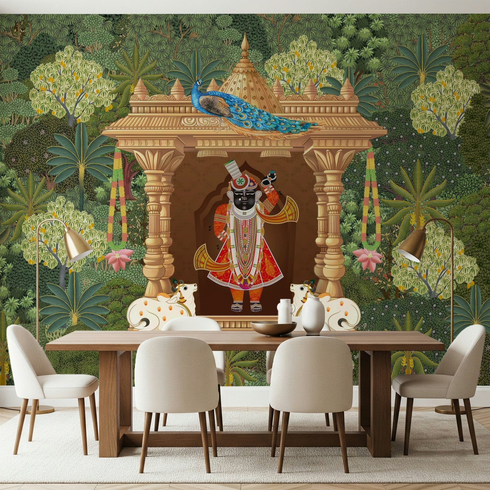 Traditional Indian wall mural with Shrinathji and nature-inspired background