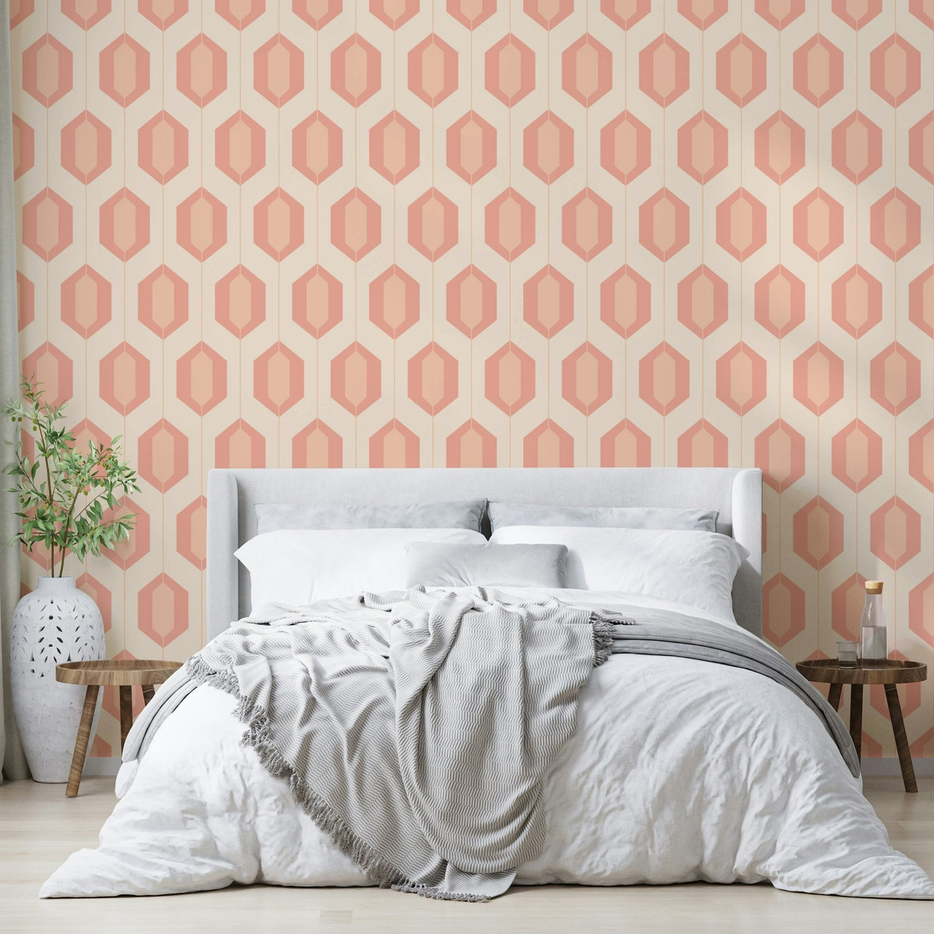 Close-up of delicate tile design in muted blush hues

