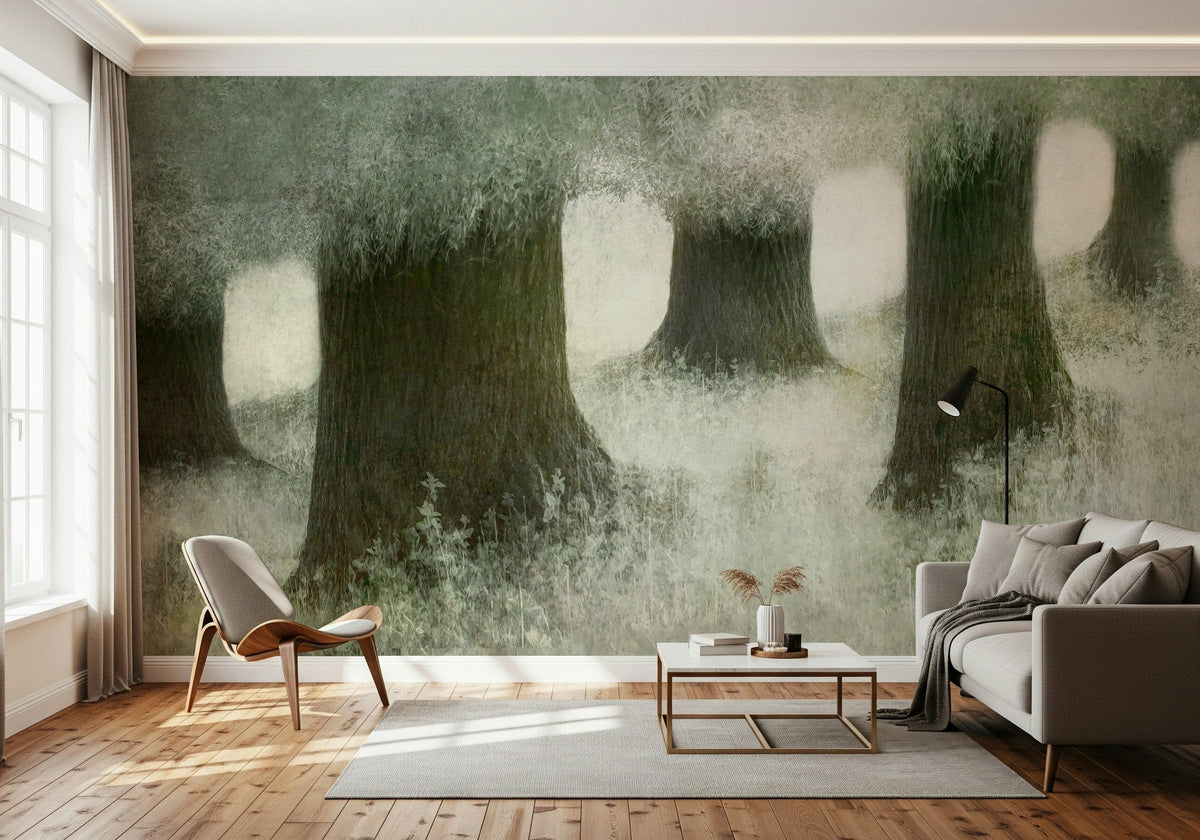 Silent Canopy wallpaper mural of misty green forest trunks behind a wooden chair and grey sofa in a bright living room