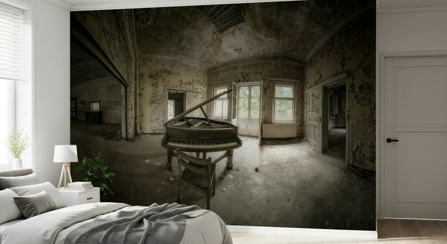 Piano key wall mural adding a sophisticated, artistic touch to home decor.