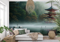 Silent Sanctuary Wall Mural with a tranquil emerald and gray palette