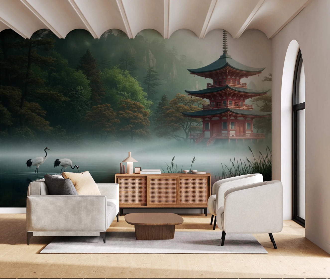 Silent Sanctuary Wall Mural for a living room featuring a red pagoda by a misty lake