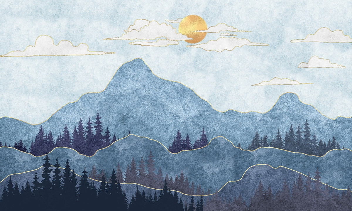 WaterColor Blue Mountain Wallpaper Murales in your room — zoomed