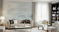 A peaceful modern abstract mural on decorative wallpaper.