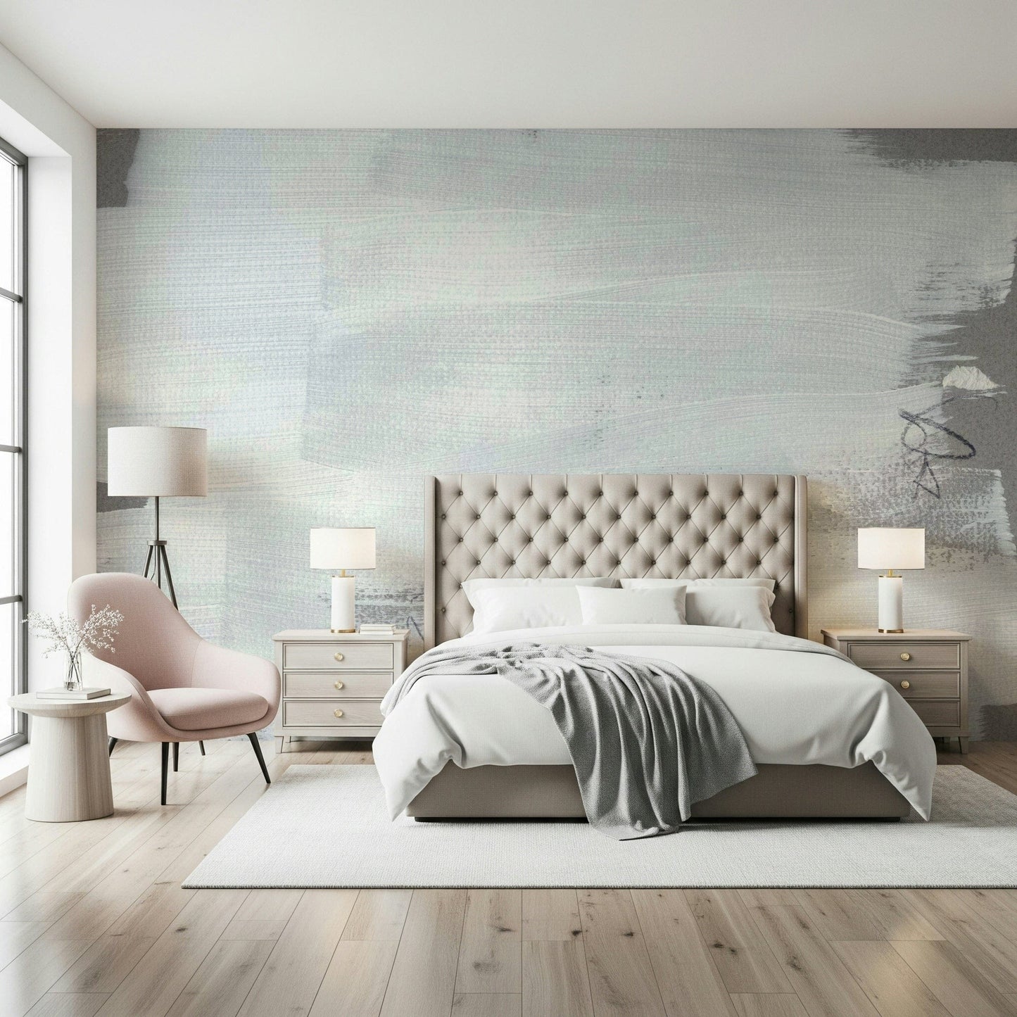 An artistic soft focus mural on minimalist wallpaper.