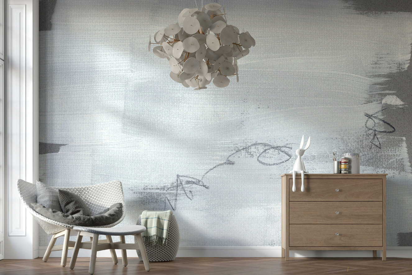 A beautiful abstract stroke wallpaper mural in silver and gray tones.