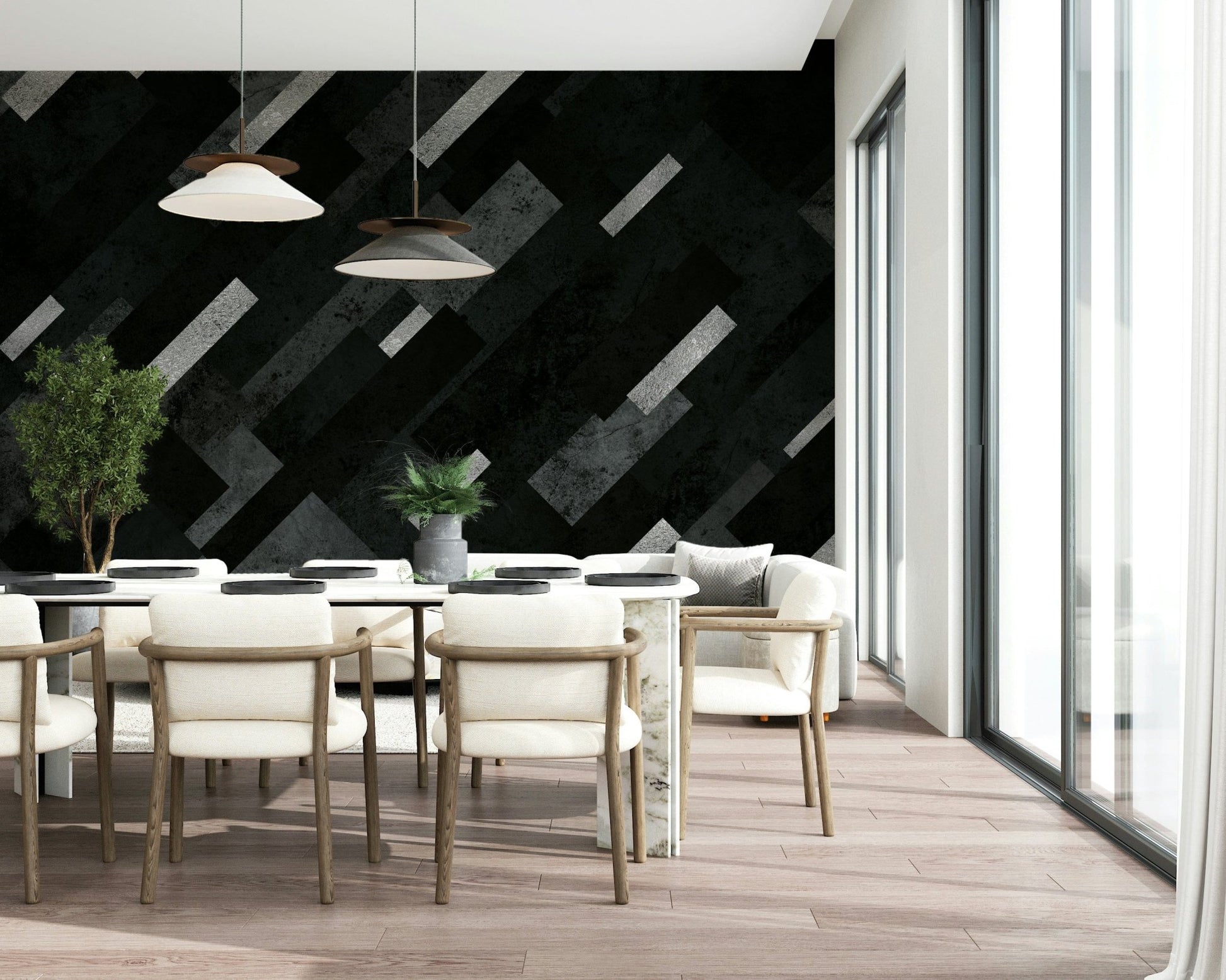 Charcoal and Silver Grey Layered Wall Mural – Sleek, contemporary wallpaper with textured layered patterns in muted tones.