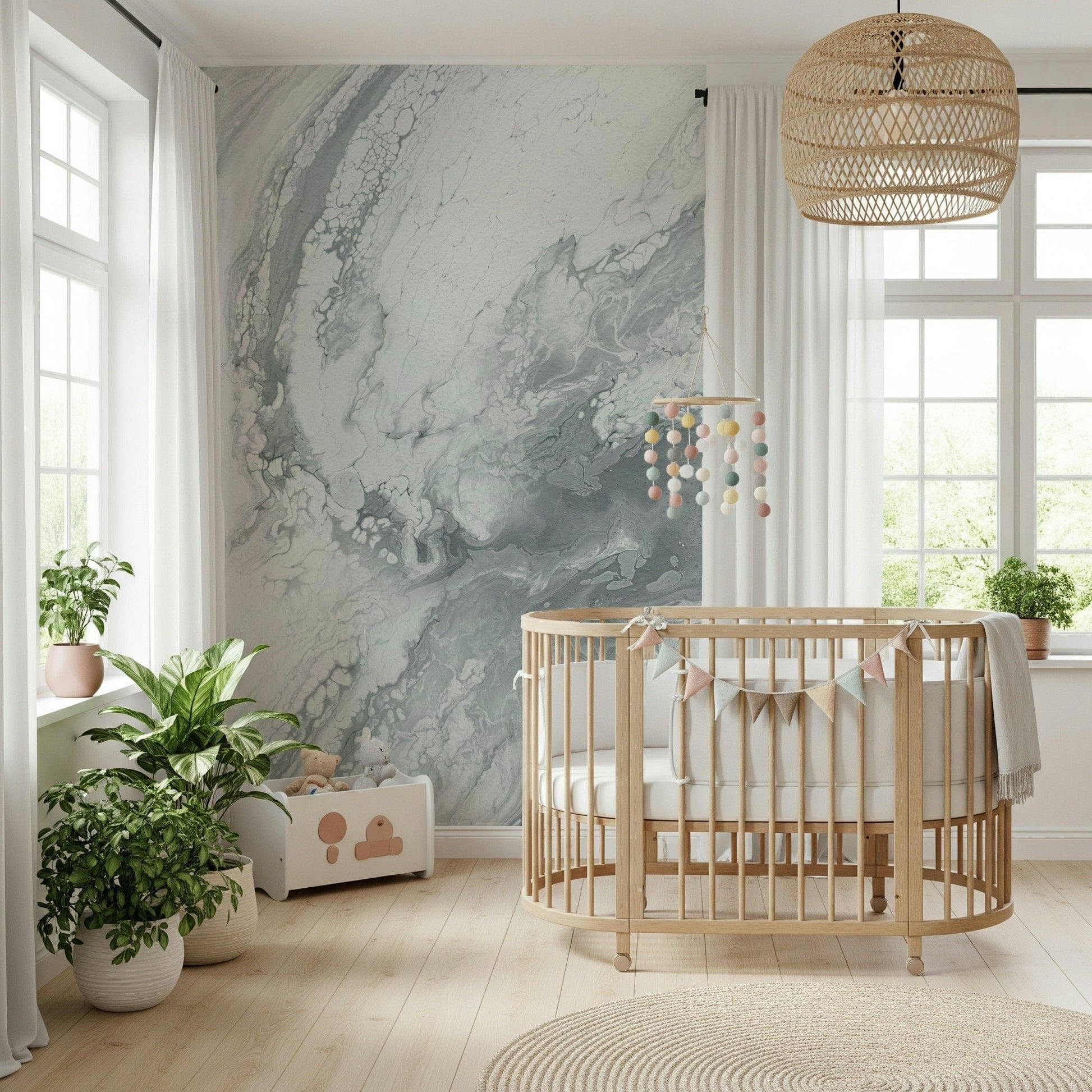 Silver Swirls wallpaper mural with graceful, abstract curves creating a luxurious accent.