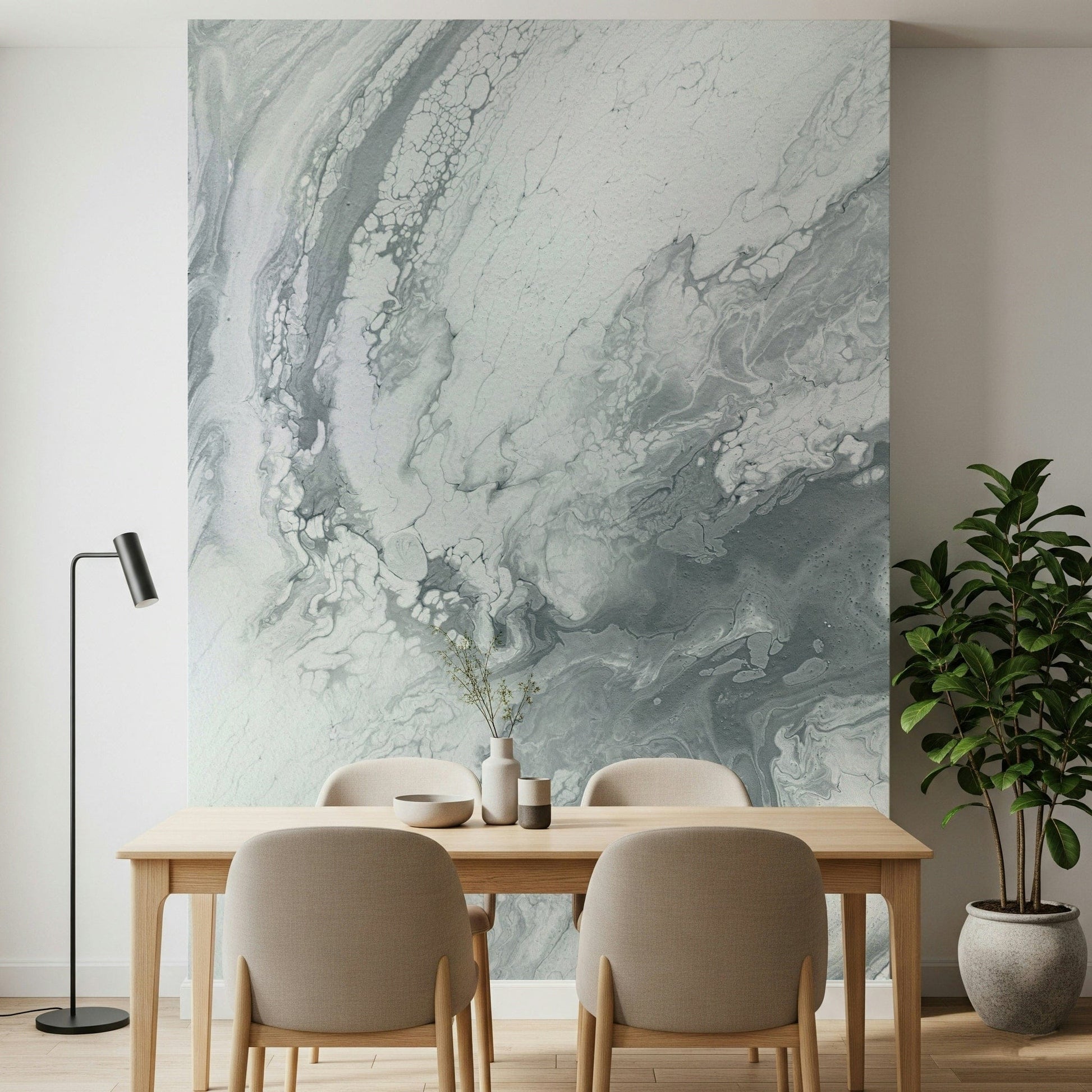 Textured wall mural with flowing silver designs creating a dynamic and stylish accent wall.