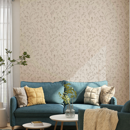 Minimalist brown line art flower sketches wallpaper decor.
