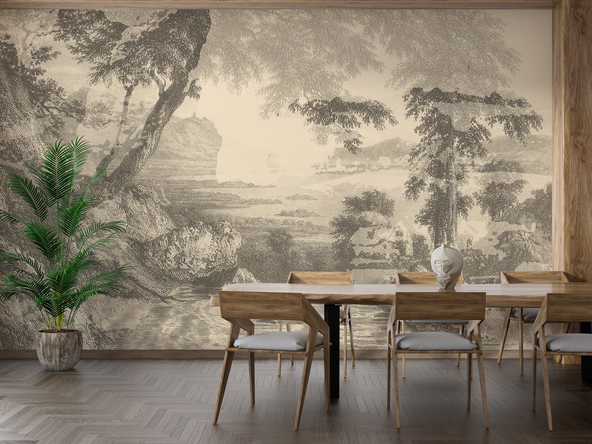 Sepia-inspired forest wall mural design
