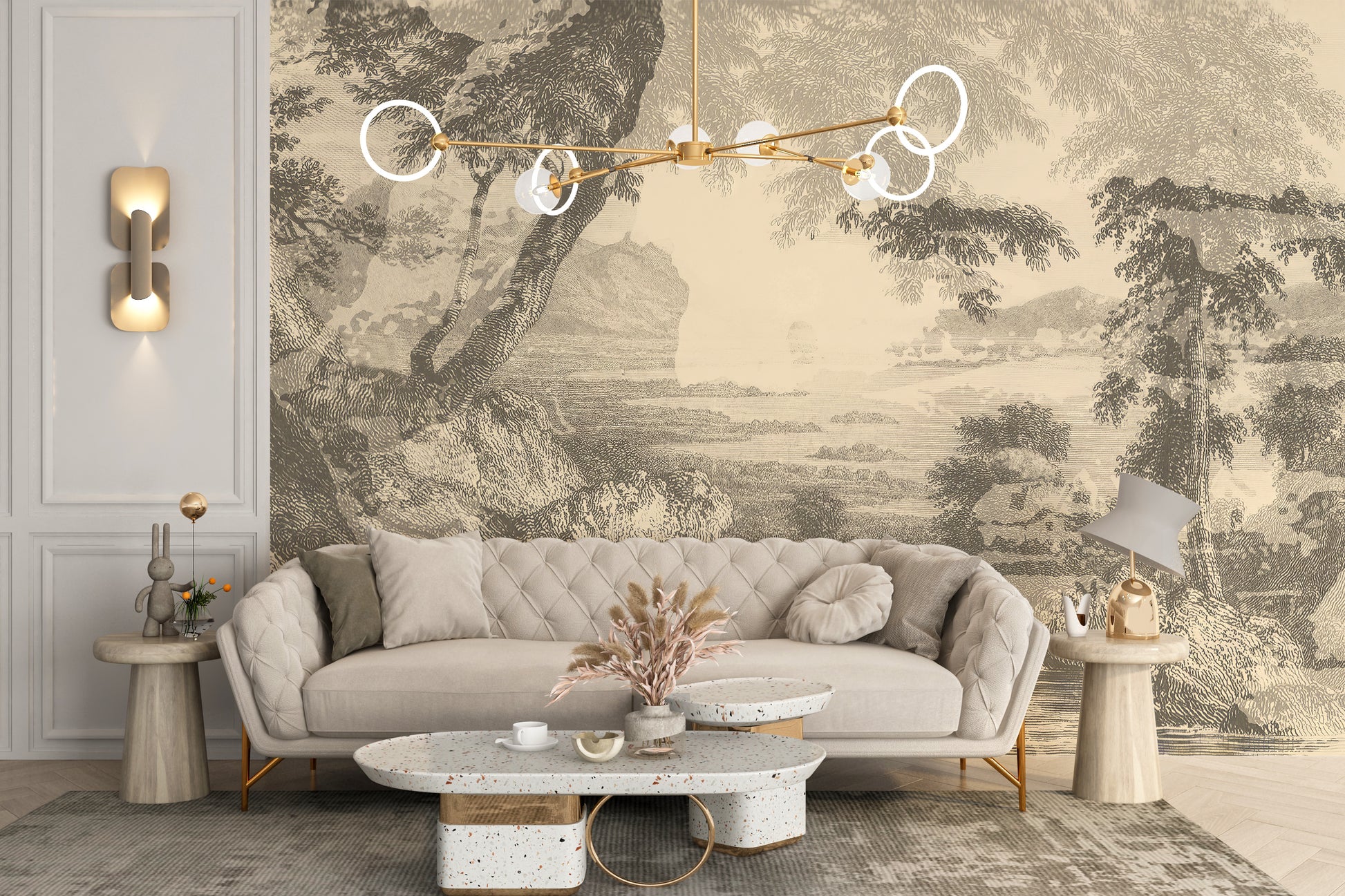 Sepia-toned forest sketch wallpaper mural
