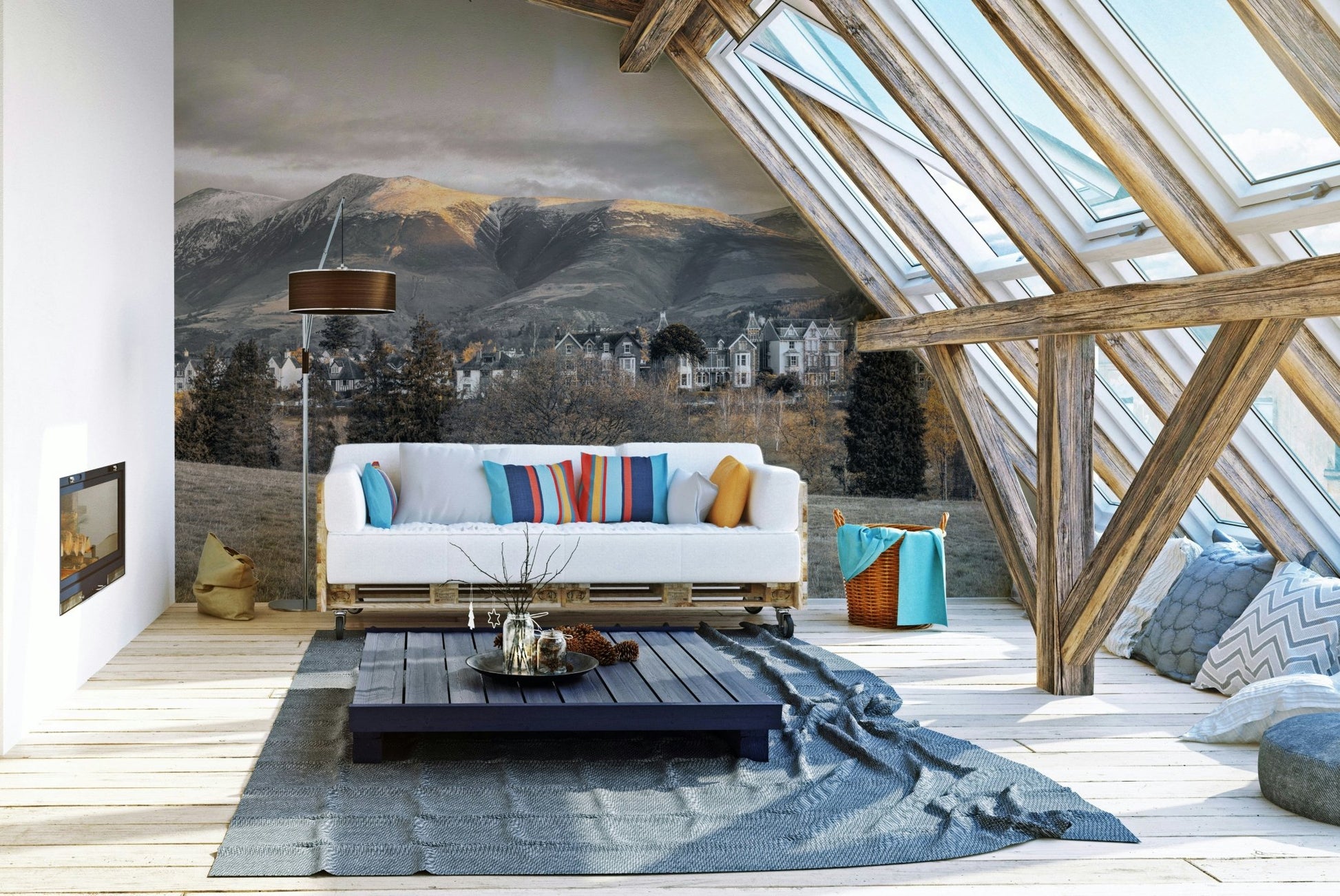 Scenic village and hills mural

