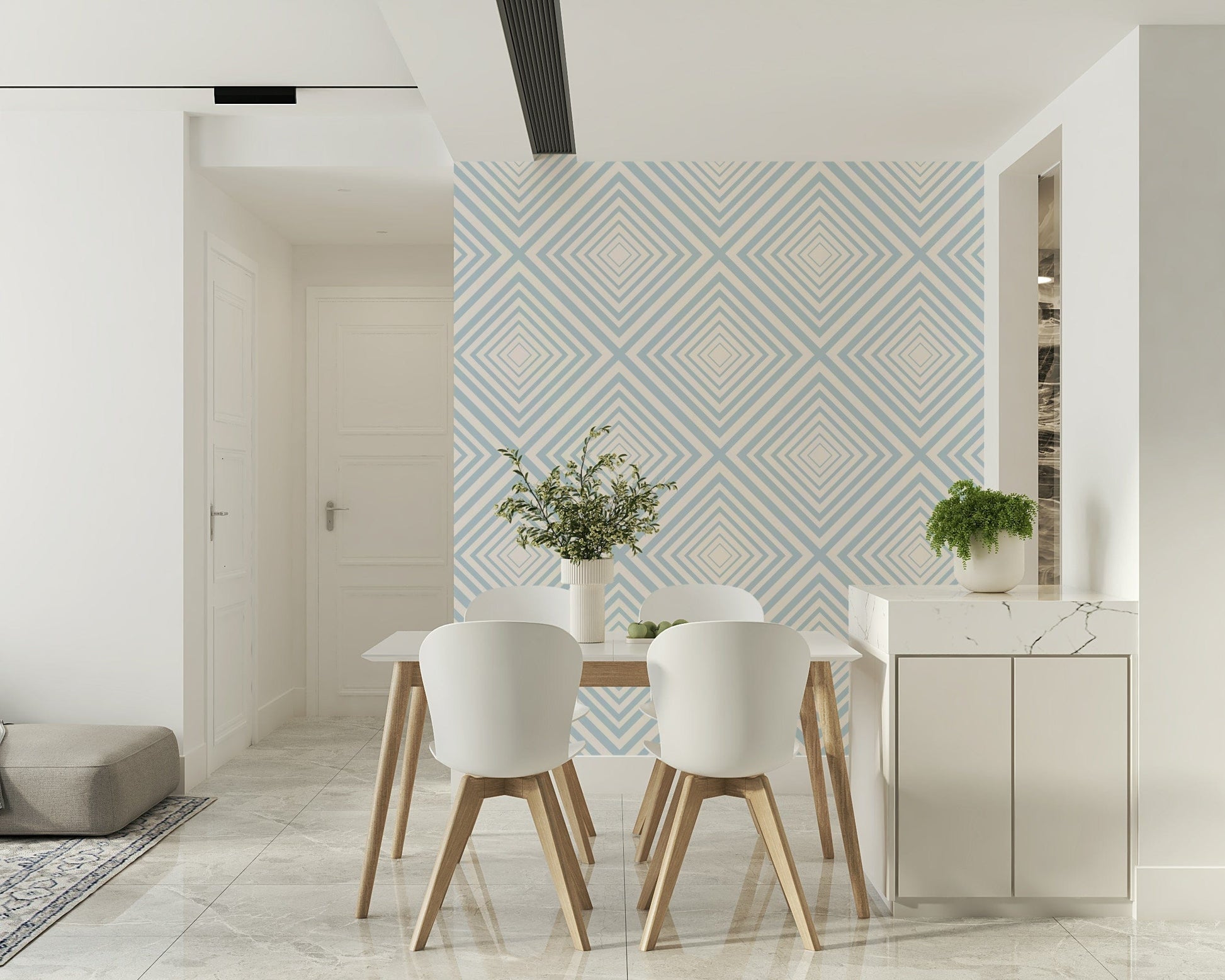 Modern intersecting stripe motif on Sky Blue Chevron accent wall.