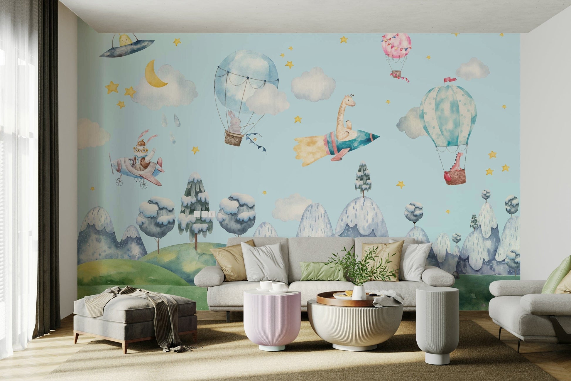 The colors are soft and gentle, with pale blues, pinks, and whites.

