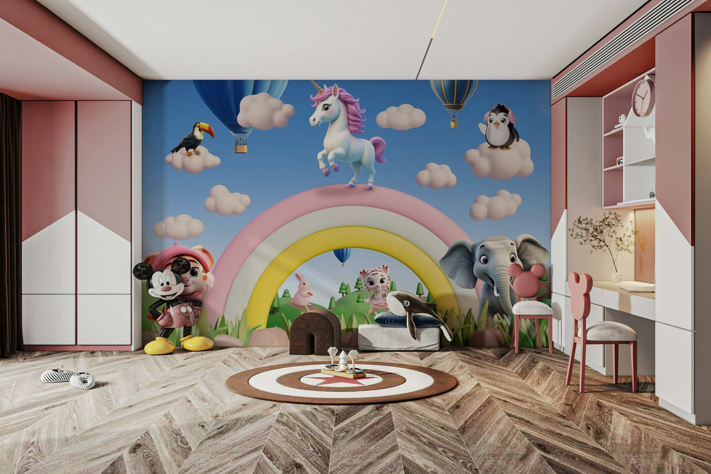 A cheerful wall mural with a whimsical, sky design.

