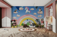 A cheerful wall mural with a whimsical, sky design.

