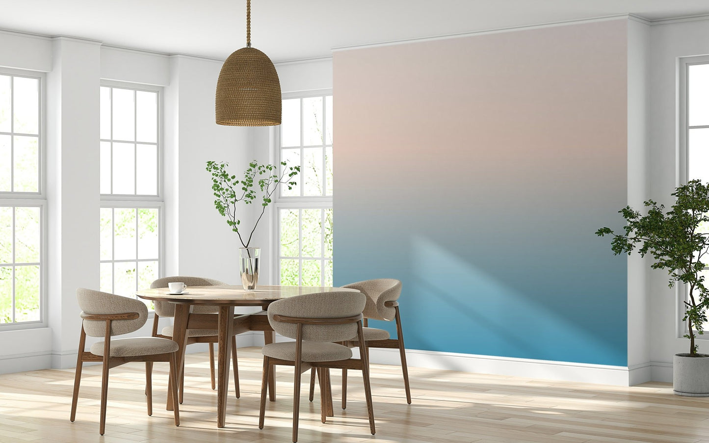 Skyline Fade mural. Elegant wall covering, soft peach blending into serene blue.