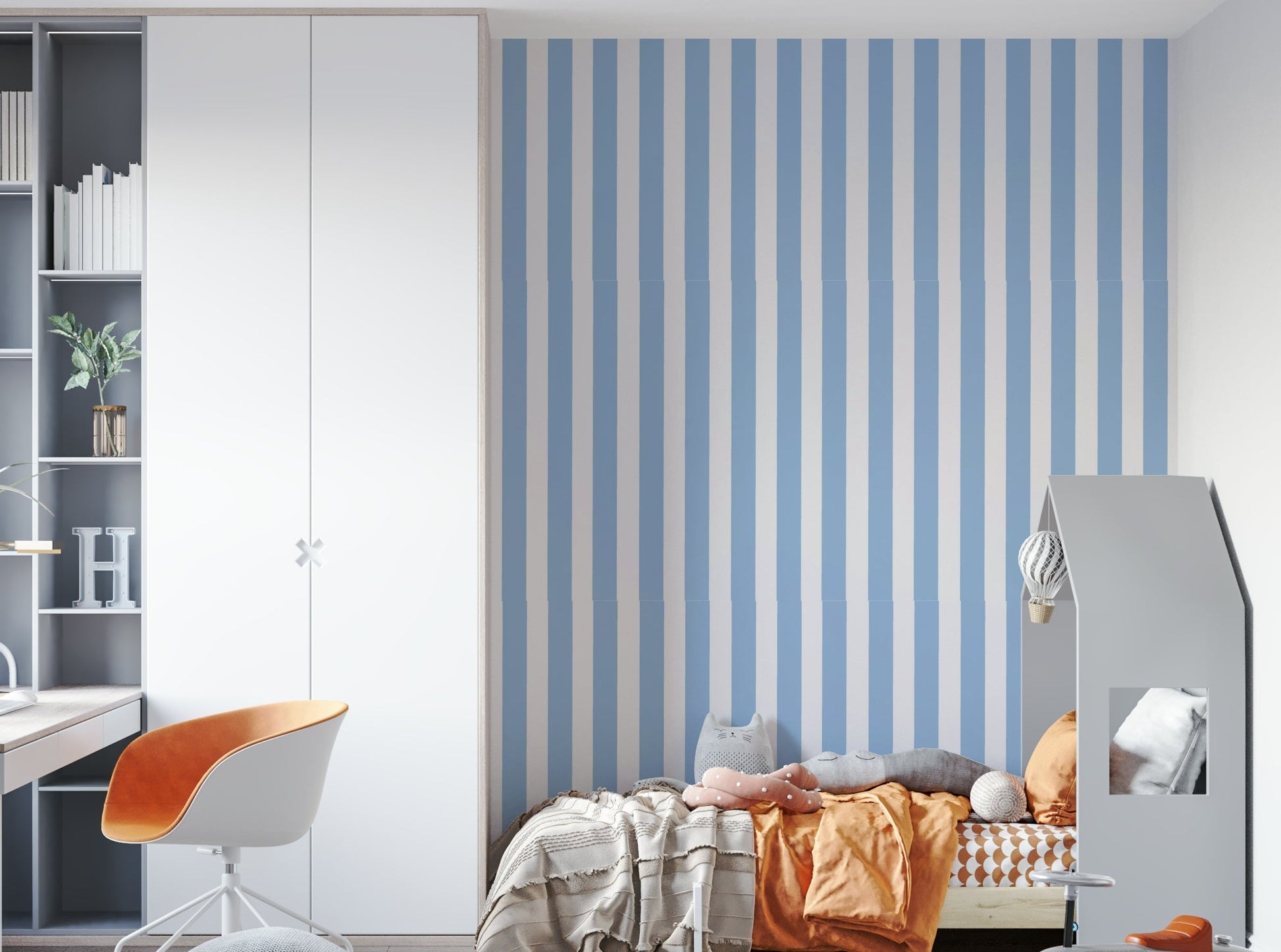 Modern stripes and skyline wallpaper in neutral tones

