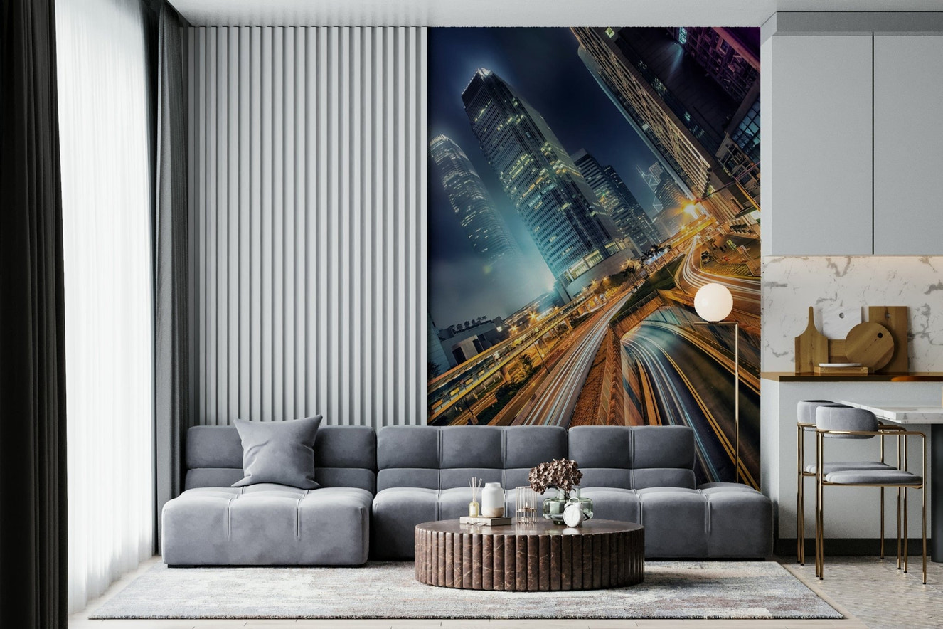 Skyline Velocity wall mural Hong Kong cityscape long exposure light trails.