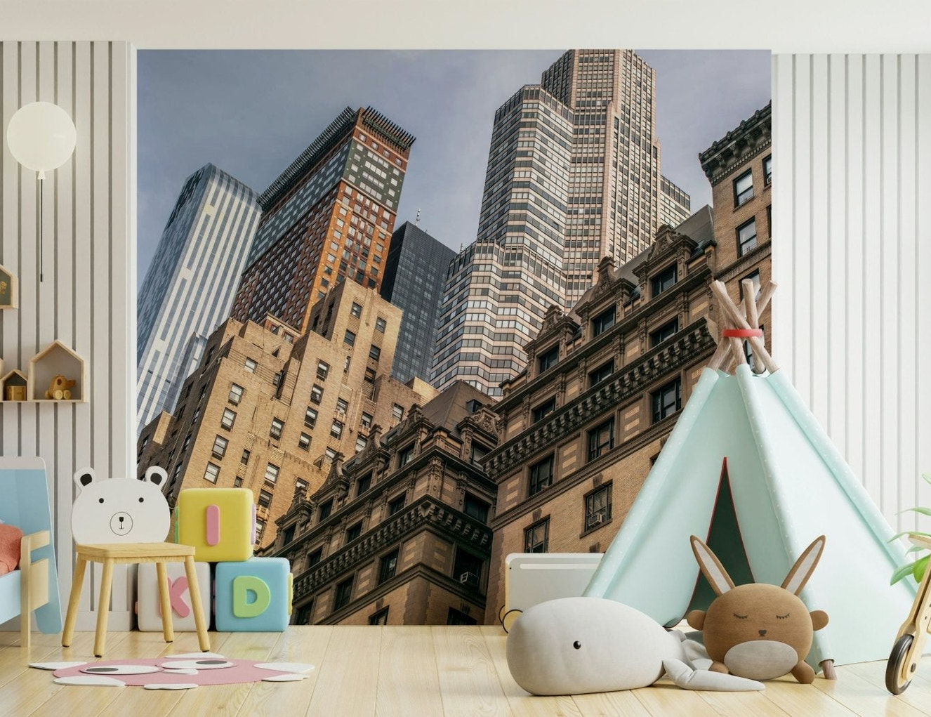 Different era buildings Skyscrapers wall mural, striking vertical dimension.