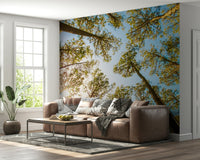 Forest canopy wall decor in dining area, modern table, airy green palette