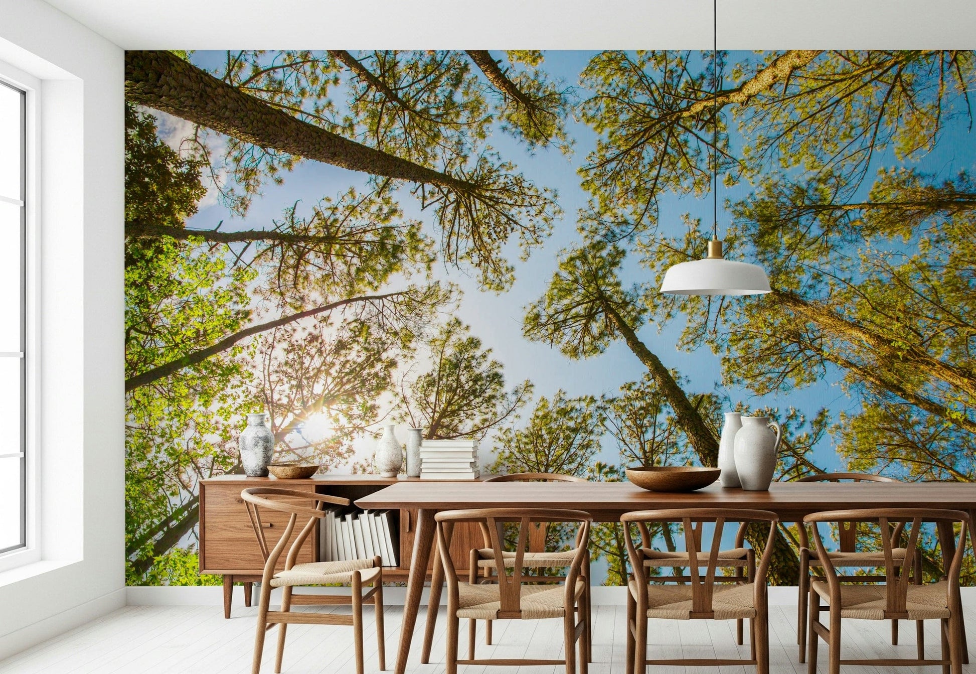 Nature canopy wall mural in home office, calming greens behind desk