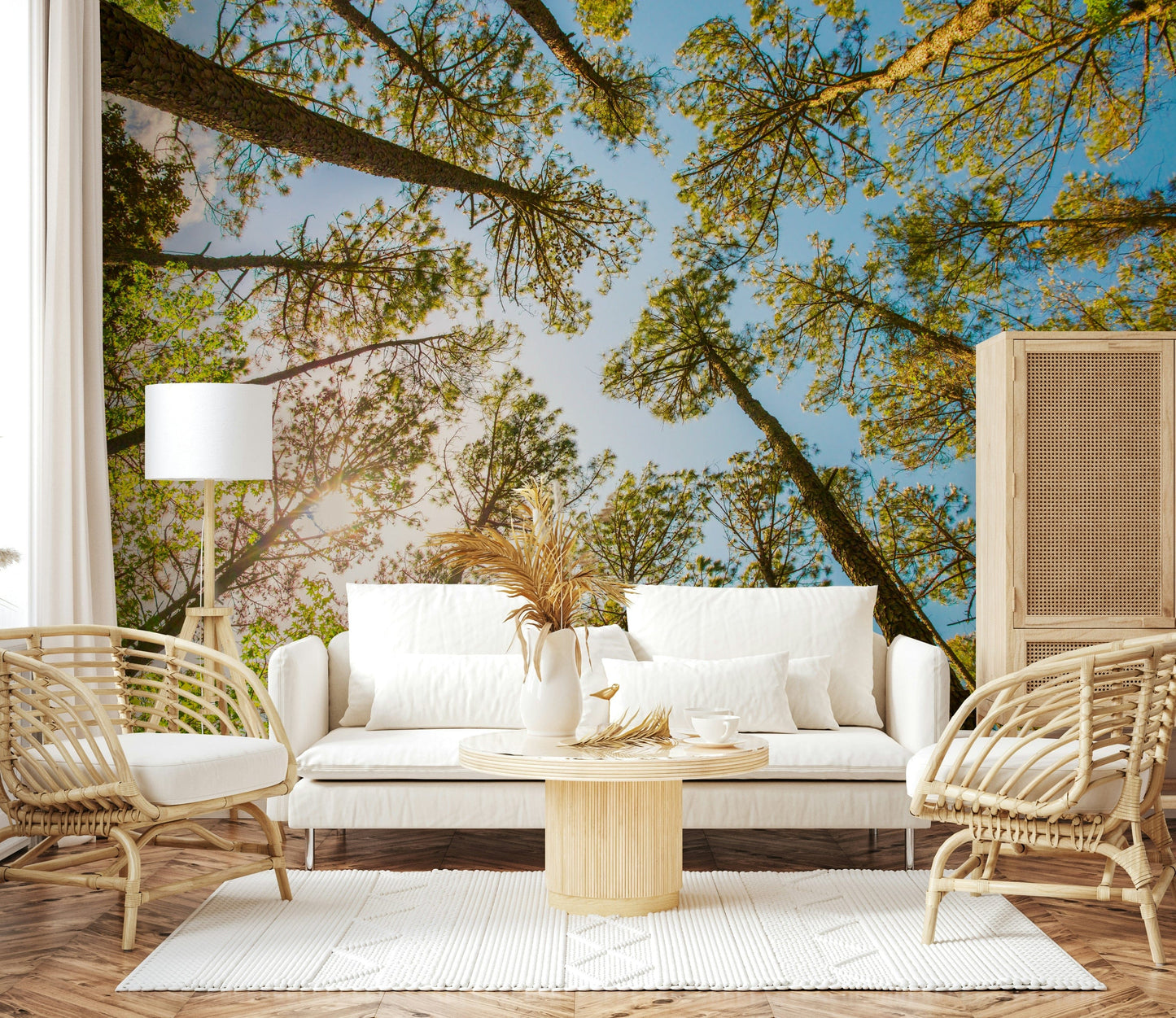 Tree tops wallpaper in reading nook, modern chair, calm green scene