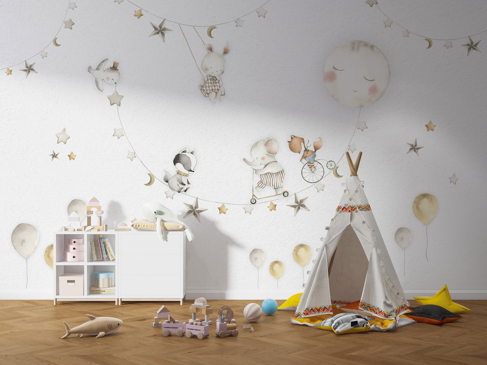 Sleeping Moon wallpaper with watercolor animals and stars in a kids playroom with a white teepee tent