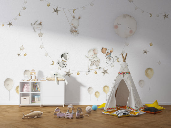 Sleeping Moon wallpaper with watercolor animals and stars in a kids playroom with a white teepee tent