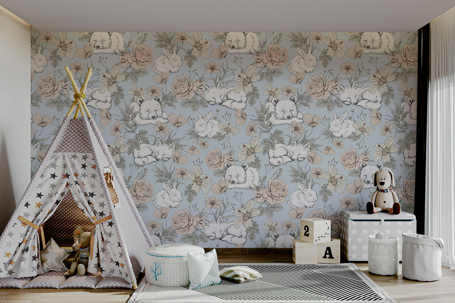 Cute animals sleeping in garden backdrop

