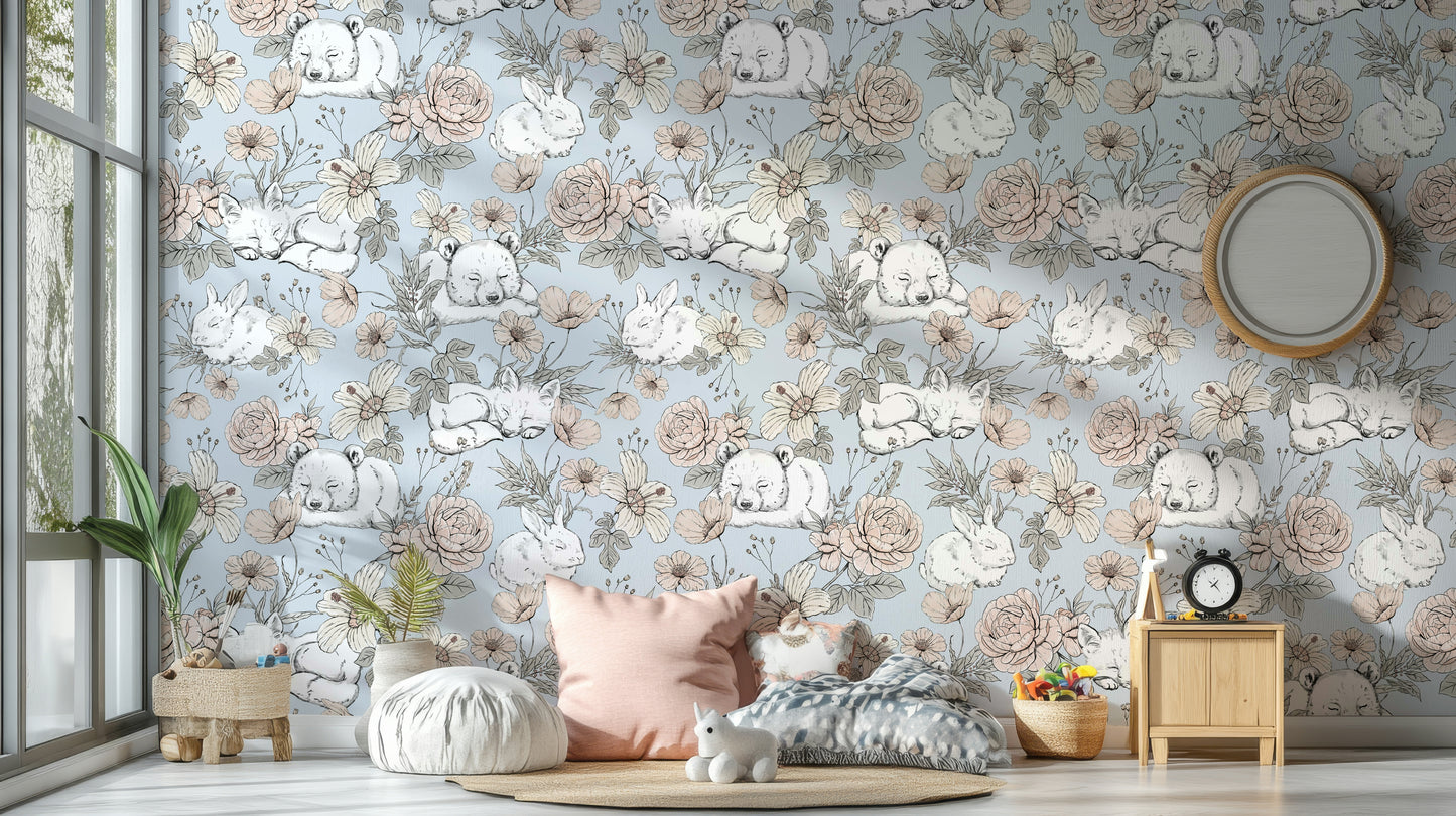 Peaceful woodland scene on baby blue wall

