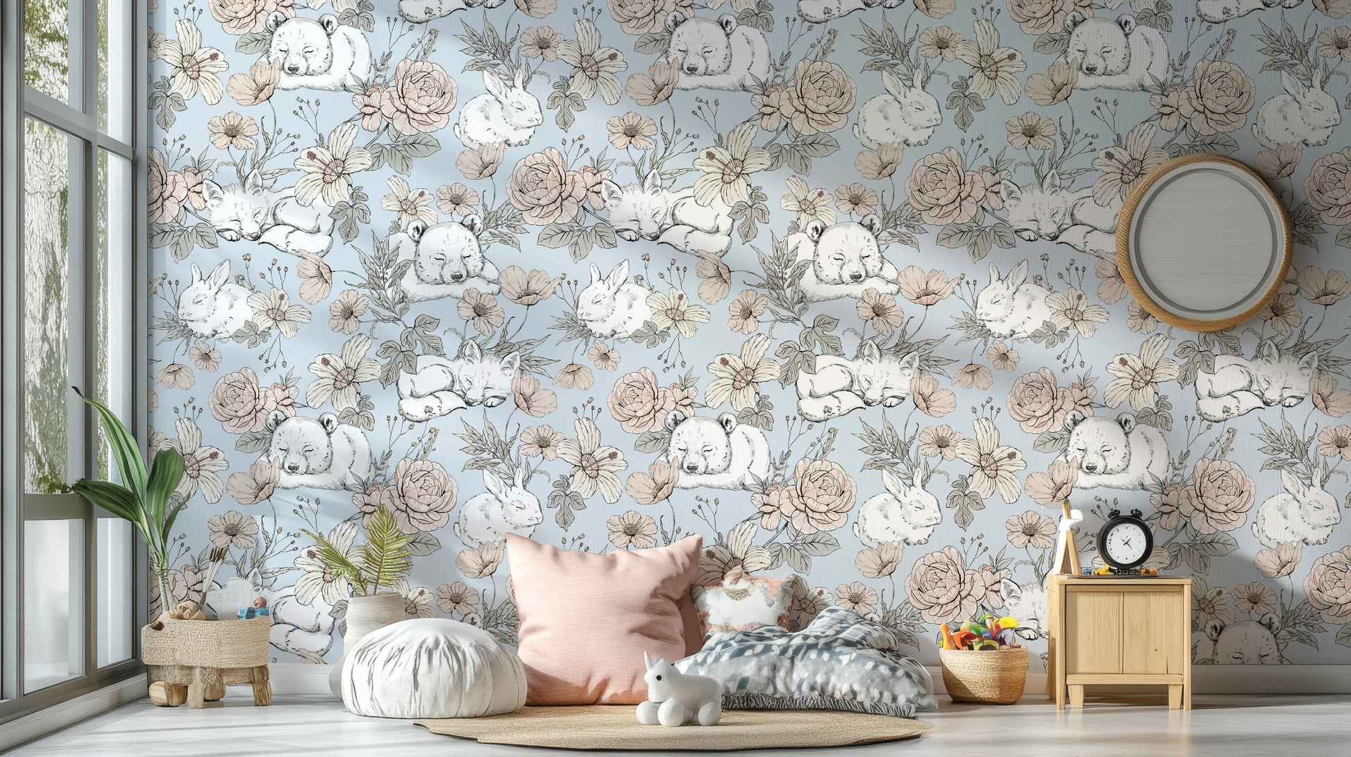 Peaceful woodland scene on baby blue wall

