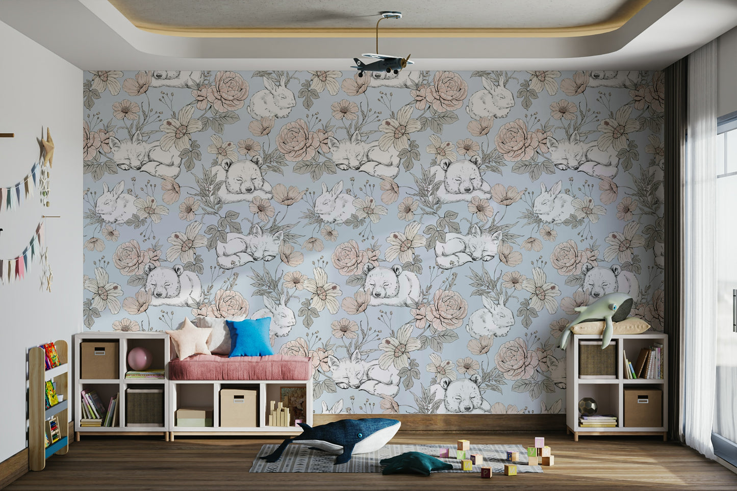 Blue nursery wallpaper with forest animals

