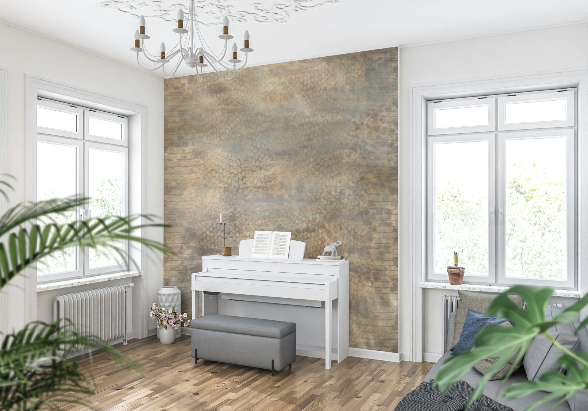 Snakeskin Gold Wall Mural featuring realistic snake scale textures in metallic gold tones.